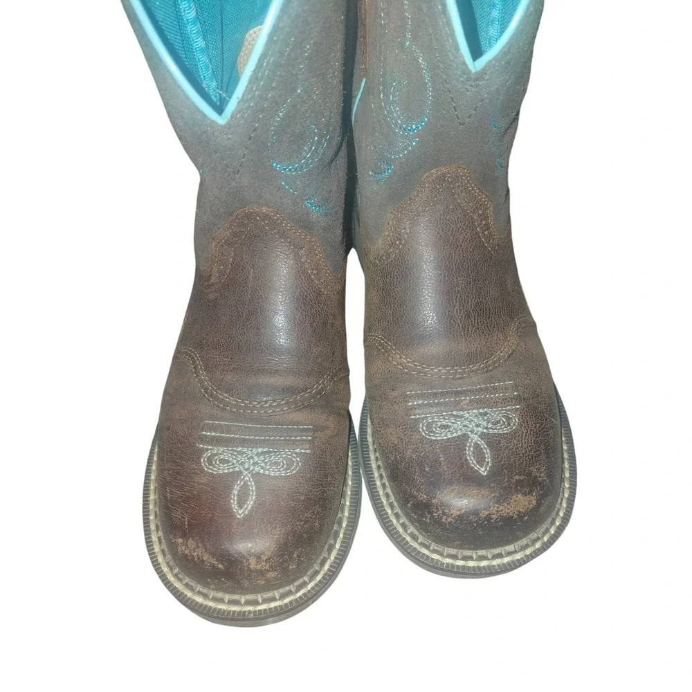 Ariat Fatbaby Western Boots Brown Leather Turquoise Embroidery Womens 8.5 - Picture 2 of 4